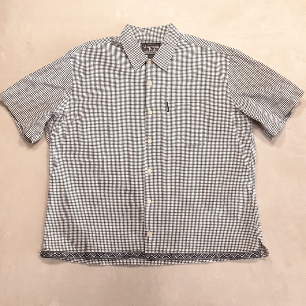 Abercrombie & Fitch Mens Outdoor SS Button Shirt XL Biege Blue Check Pattern